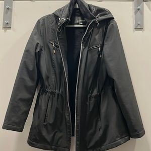 Weatherproof black winter coat with hood and faux fur lining